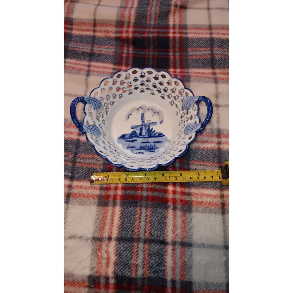 Lot Of 2 Delft Blue Pierced Lattice Trinket Dish, Holland, Windmill Handpainted
